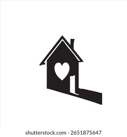 A stylized, black and white silhouette of a house with a heart-shaped window. A dramatic shadow casts across the foreground, suggesting warmth and welcome.