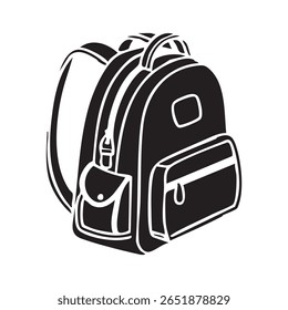 Uma silhueta estilizada em preto e branco de uma mochila moderna, com vários compartimentos, zíperes e correias, apresentada contra um fundo branco limpo.
