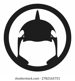 Stylized black and white silhouette of an orca whale head inside a circle.