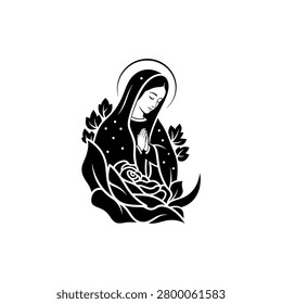 Stylized black and white silhouette of the Virgin Mary praying, adorned with a rose and a crescent moon, symbolizing faith and devotion.