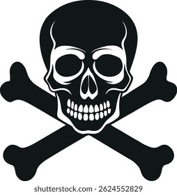 A stylized black and white skull and crossbones graphic