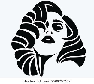 Stylized black and white stencil artwork of woman's face with wavy hair. Design features bold, flowing lines that create abstract, graphic representation of female portrait.  