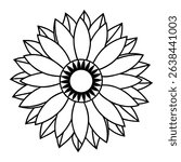 Stylized black and white sunflower illustration. Isolated on a white background, this design features detailed petals and a central disc. Perfect for coloring books, prints, or digital projects.