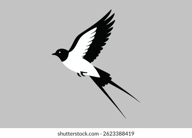 Pássaro de deglutição preto e branco estilizado em voo, design minimalista, ilustração vetorial.