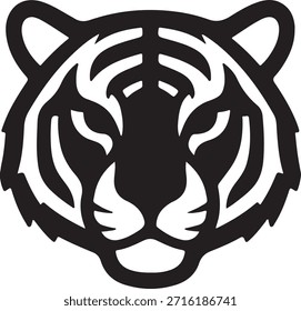 El estilizado ícono de cabeza de tigre blanco y negro se presenta como un Diseño gráfico minimalista perfecto para Equipos deportivos que lucen logotipos o superposiciones gráficas que necesitan una fuerte representación felina.