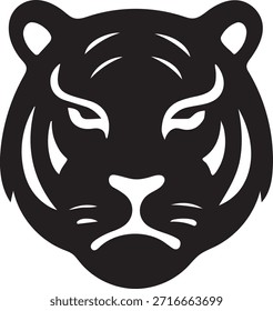 O ícone estilizado da cabeça do tigre preto e branco apresenta uma representação gráfica arrojada do poderoso predador da selva, perfeito para logotipos ou desenhos artísticos minimalistas que simbolizam coragem e força.