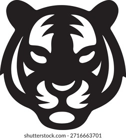 La estilizada silueta de cabeza de tigre en blanco y negro presenta una representación audaz y gráfica perfecta para logotipos, iconos o cualquier diseño que necesite un poderoso símbolo animal que represente fuerza y coraje en una estética minimalista.