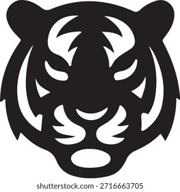 El estilizado ícono de cabeza de tigre en blanco y negro presenta un símbolo animal feroz y audaz adecuado para logotipos de mascotas de Equipos deportivos o marcas minimalistas que requieren una poderosa Imagen de depredador de la selva.