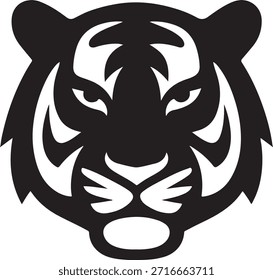 La estilizada cabeza de tigre en blanco y negro forma un imponente y moderno ícono gráfico perfecto para Equipos deportivos, logotipos de marcas o poderosos emblemas de animales que necesitan una identidad visual feroz.