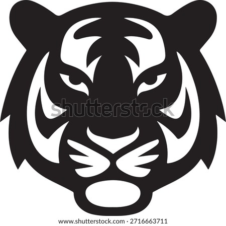 Stylized black and white tiger head forms an imposing and modern graphic icon perfect for sports teams, brand logos, or powerful animal emblems needing a fierce visual identity.