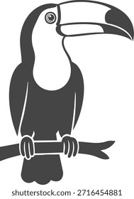 Tucano preto e branco estilizado com bico grande de pé em um galho.