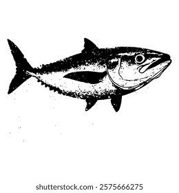 stylized black and white vector art of a tuna fish, featuring clean lines and natural anatomy, ideal for seafood menus, fishing gear logos, or marine-themed design projects.