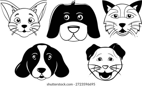 Stylized black and white vector collection of cute dog and cat animal