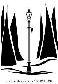 stylized black and white vector drawing of lamppost in a snowy clearing. 