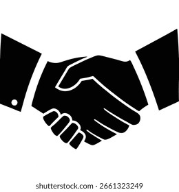 Um gráfico de vetor em preto-e-branco estilizado representa duas mãos presas em um aperto de mão, representando um negócio ou acordo comercial.