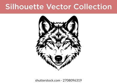 Estilizado gráfico vetorial preto e branco da cabeça de um lobo, ideal para logotipos, tatuagens e projetos de design.