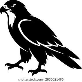 A stylized black and white vector graphic of a majestic falcon in a standing pose, perfect for emblems, logos, or minimalist wildlife-themed art projects.
