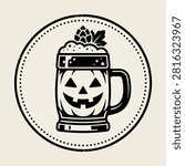 A stylized black and white vector icon of a pumpkin beer mug for Halloween celebrations.