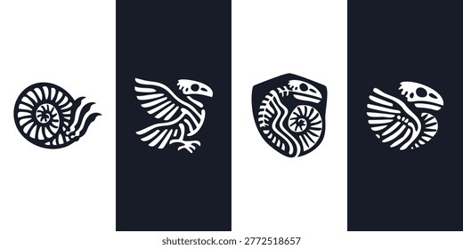 Stylized black and white vector icons of prehistoric animal fossils including ammonite shells and bird skeletons for historical or nature design