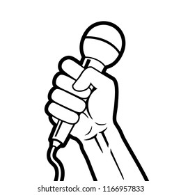 Stylized black and white vector illustration of hand holding microphone in a fist.