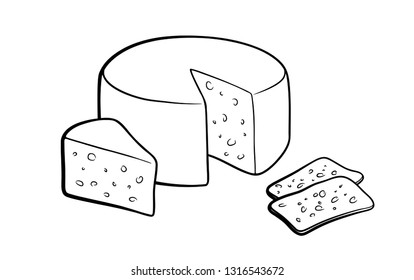 Stylized black and white vector illustration of cheese. Cheese wheel and slices. Isolated on white