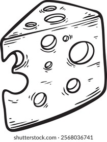 Stylized black and white vector illustration of cheese. Cheese slices. Isolated on white. Hand drawn illustration, menu label, banner poster identity, branding.