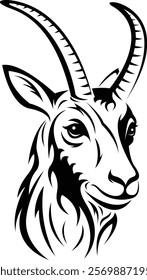 Stylized black and white vector illustration of a chamois head, perfect for nature, wildlife animal, and animal-themed designs.	