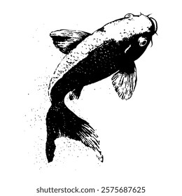 stylized black and white vector illustration of a koi fish with textured details and flowing fins. a perfect design for asian-inspired themes, tattoos, or decorative purposes.