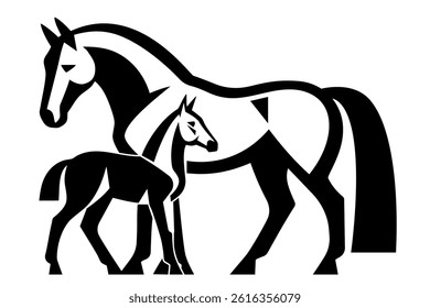 Stylized black and white vector illustration of a horse with a foal in minimal geometric design