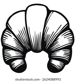 A stylized black and white vector illustration of a croissant, showcasing its flaky layers and curved shape. Ideal for bakery or food-related designs.