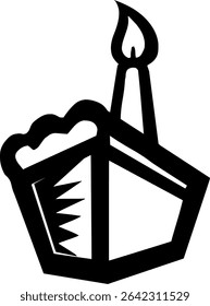Ilustração de vetor preto e branco estilizado de um bolo de aniversário geométrico com uma única vela iluminada; perfeito para decoração de festa, cartões e convites.