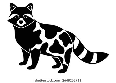 Uma ilustração de vetor preto e branco estilizado de uma silhueta de guaxinim apresenta manchas brancas irregulares em seu corpo e uma cauda listrada. A imagem é simples e em negrito.
