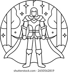 A stylized black and white vector illustration of a warrior in ornate armor, a flowing cape, and holding a sword, standing in a forest setting with stars above.