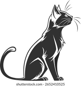 A stylized black and white vector illustration of a sitting cat. The cat is shown in profile, facing to the right.