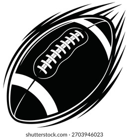 Estilizada Ilustración vectorial en blanco y negro de un balón americano en movimiento, con líneas de velocidad dinámicas. Ideal para temas deportivos, competición y contenido relacionado con juegos activos.
