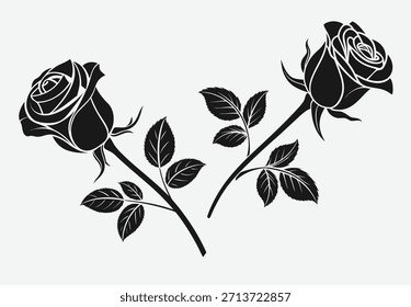 A stylized black and white vector illustration featuring two detailed rose silhouettes with stems and leaves, set against a plain white background. Ideal for graphic design, tattoos, or romantic theme