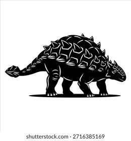 Ilustração de vetor preto e branco estilizado de dinossauro Ankylosaurus, criatura pré-histórica blindada com cauda e pratos de clube. Ideal para conteúdo educacional.