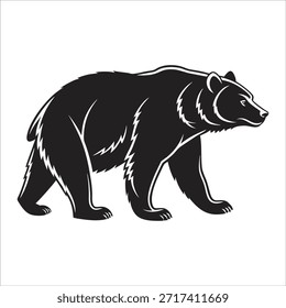 Una Ilustración vectorial estilizada en blanco y negro de un oso negro caminando, que se muestra en la vista de perfil. El diseño es una silueta atrevida con acentos de línea blanca que definen la textura y las características de la piel.