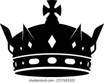 Stylized black and white vector illustration of a majestic royal crown, featuring intricate details, spikes, and a prominent cross. Represents power, royalty, and elegance in a clean graphic design.
