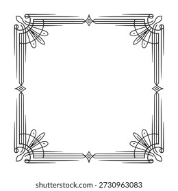 Stylized black and white vector illustration of an ornate Art Deco square frame featuring decorative corner elements, ideal for formal invitations or elegant stationery.