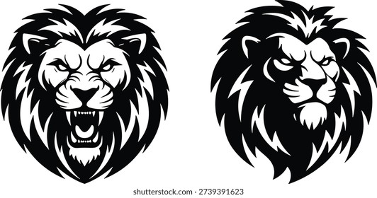 Stylized black and white vector illustration of lion heads, fierce roaring and calm stern expressions symbolizing strength, courage and leadership