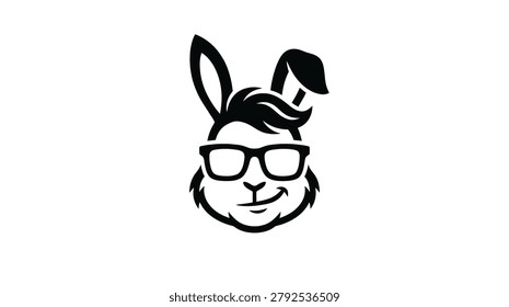 A stylized black and white vector illustration of a hipster rabbit head wearing glasses and sporting a modern hairstyle. Perfect for logos and icons.