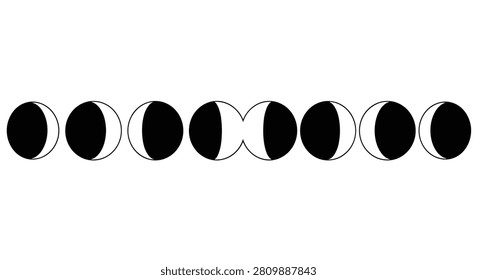 Stylized black and white vector illustration showing the phases of the moon aligned in a horizontal row.