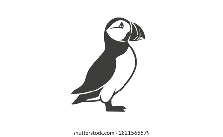 Stylized black and white vector illustration of an Atlantic puffin standing in profile with its large beak.