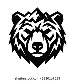 Stylized black and white vector illustration of grizzly bear head with sharp geometric lines