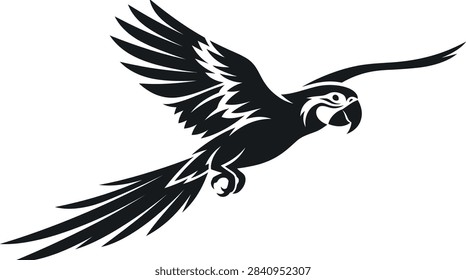 A stylized black and white vector illustration of a macaw parrot in flight, featuring bold lines and a clean minimalist design.