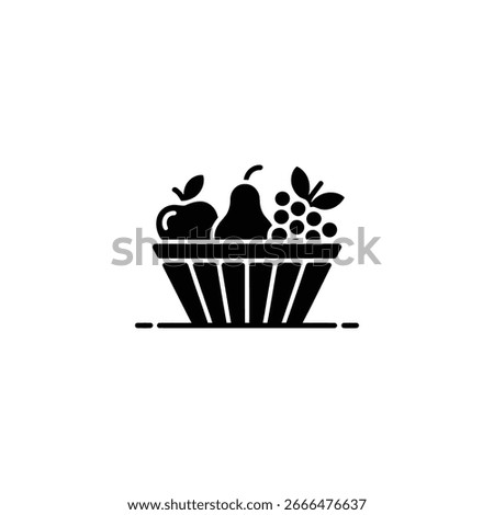 Stylized black and white vector illustration showcasing a fruit basket holding an apple, pear, and grapes, ideal for various design projects and healthy themes.
