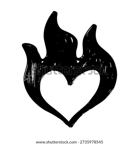 stylized black and white vector illustration of a flaming heart. This hand drawn, grunge style graphic represents passion, burning love, or desire, perfect for t-shirt prints, and edgy graphic design projects.
