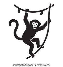 A stylized black and white vector monkey gripping a vine while swinging in mid-air.
