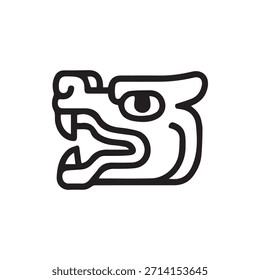 Stylized black and white vector of a mythical creature head from Mesoamerican art often associated with deities like Quetzalcoatl or jaguars representing ancient cultural heritage.